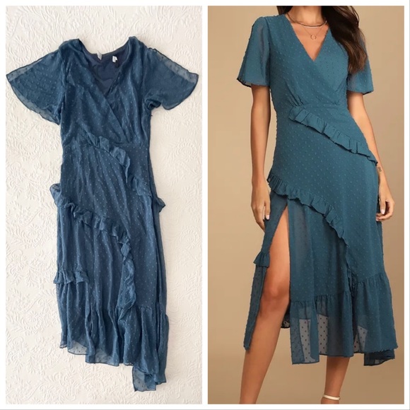 NWOT Lulus Next to You Slate Blue Swiss Dot Ruffled Midi Dress Medium - Picture 1 of 7
